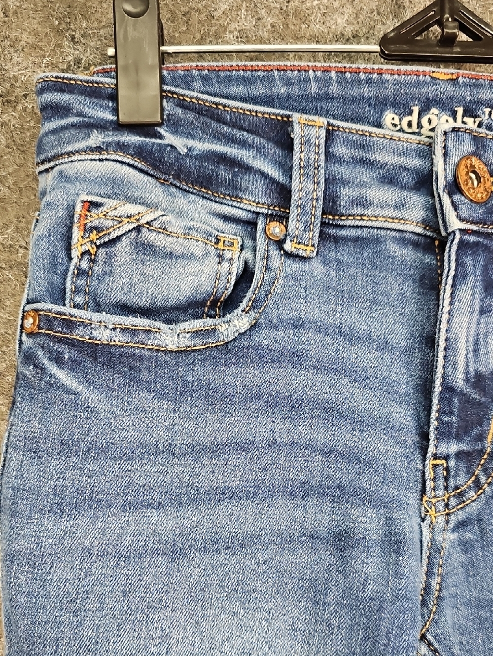 Edgely Mid Rise Slim Boot Cut Faded Disrtress 5 Pocket Dark Wash Jeans, Size 0 - Picture 2 of 8